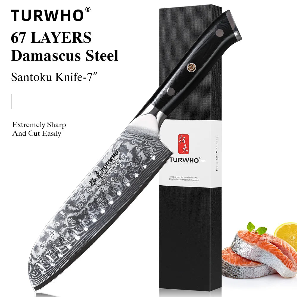 7" Japanese Style Santoku Knife Damascus Steel Professional Chef Knife Slicing Meat Cleaver Beef Kitchen Cooking Tools