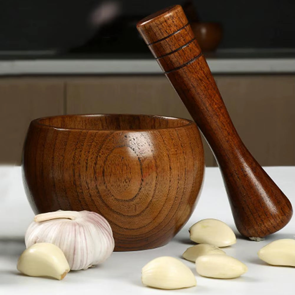 Pounded Garlic Jar Mortar Old Fashion Wooden Grinder round Smooth Hand Polished Pestle Set for Grind Herbs Spices Grains Pepper