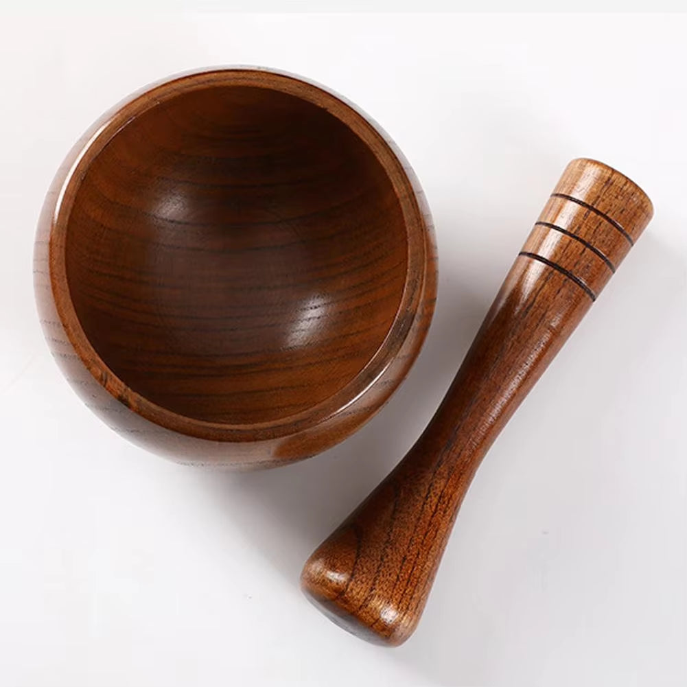 Pounded Garlic Jar Mortar Old Fashion Wooden Grinder round Smooth Hand Polished Pestle Set for Grind Herbs Spices Grains Pepper